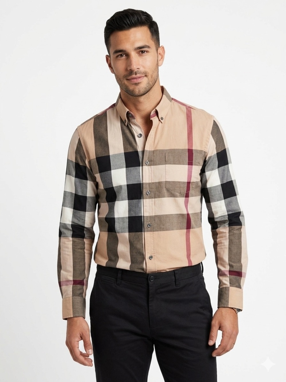 Burberry Brit Exploded Nova Check Button Down Shirt Tan Plaid Men's Size Large